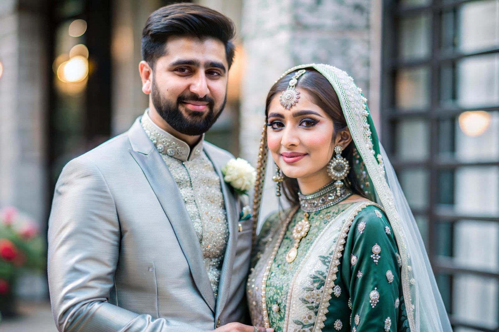 A beautiful portrait of a Muslim couple in traditional wedding attire, capturing the joy and celebration of a wedding day
